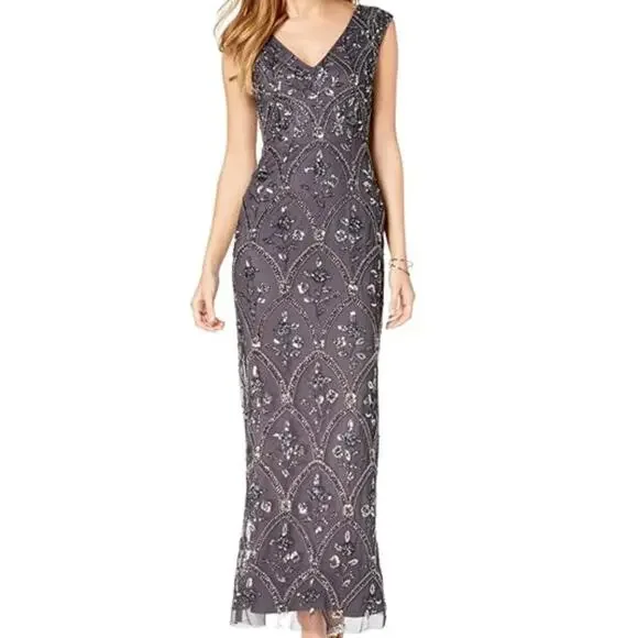 Adrianna Papell Dress Women 12 Beaded Gunmetal Grey Formal Wedding Evening Event - Picture 1 of 10